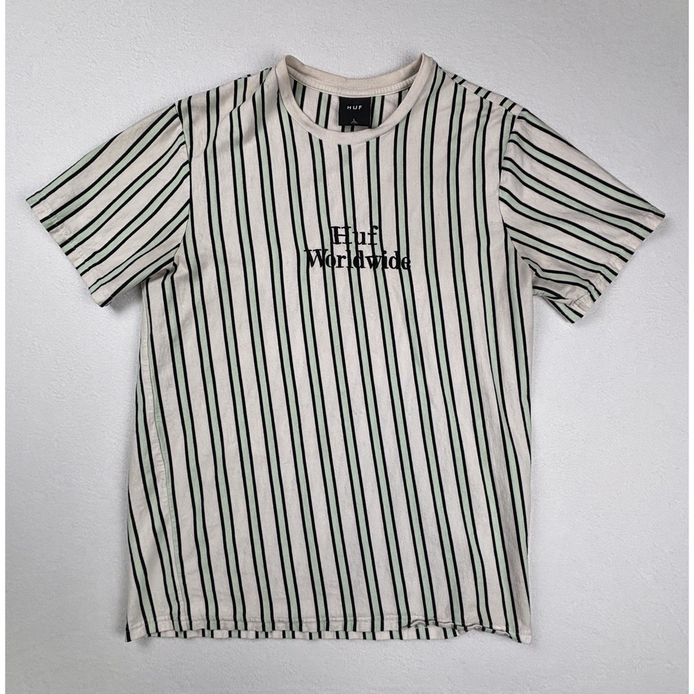 HUF Worldwide Striped‎ T-Shirt Men's Large Cream Mint Green Black Vertical Logo